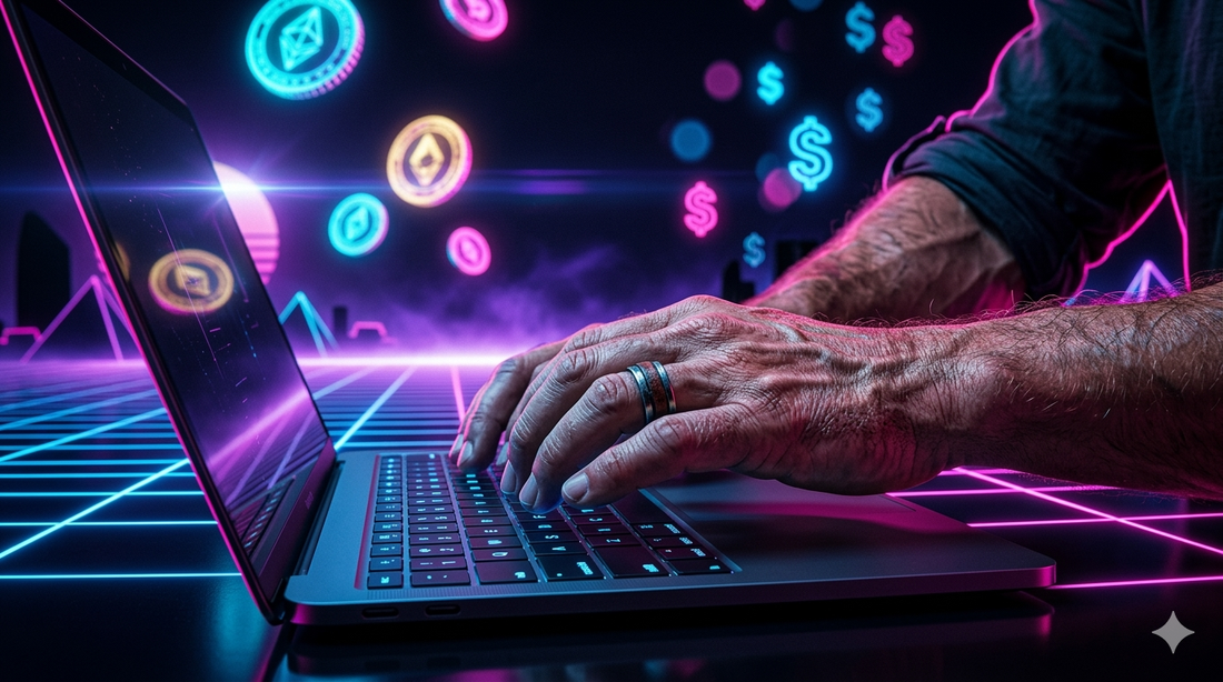 How to make money online after 50 — Gen X adult working  on laptop with neon lighting