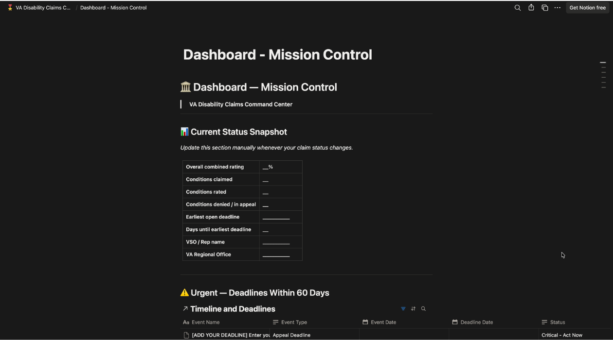 VA Disability Claims Command Center — Notion Template for Veterans