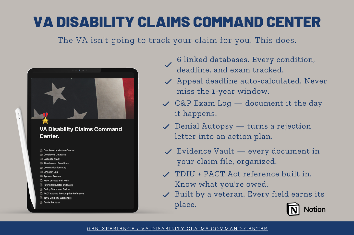 VA Disability Claims Command Center — Notion Template for Veterans